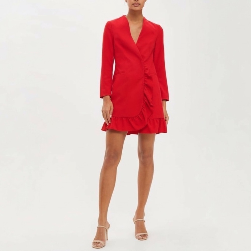 Topshop Blazer Dress Ruffle Edge Long Sleeve
Mini Red Size 4 NWOT